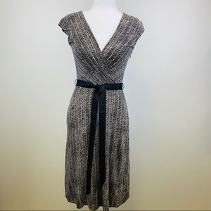 LOFT Black & Tan Wrap Top Dress, Ribbon Sash, Sz 0